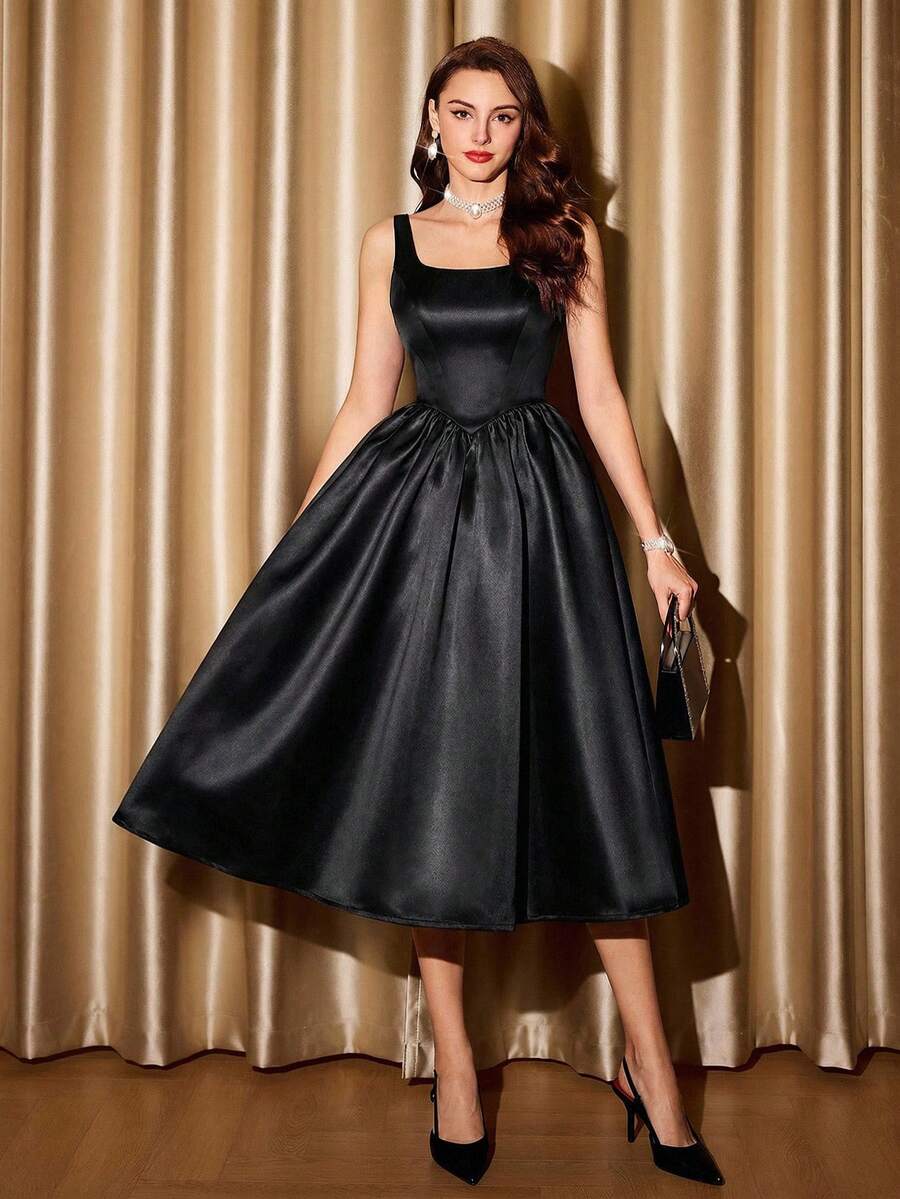 Elegant Black Vintage Midi Dre - Vintage Fashion Fabrics ulasan dan harga